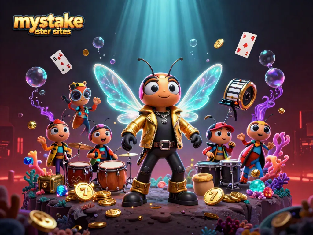 Engage with mystake sister sites featuring a vibrant 3D rock star surrounded by casino-themed elements.