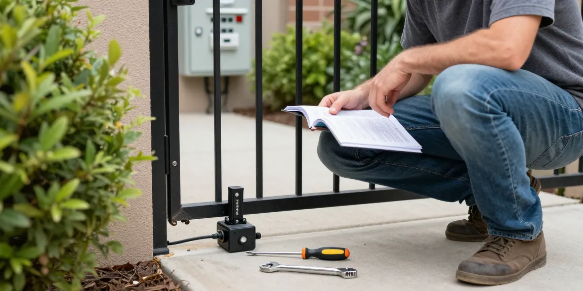 Mighty Mule gate opener troubleshooting with homeowner inspecting gate components and user manual for effective repairs.