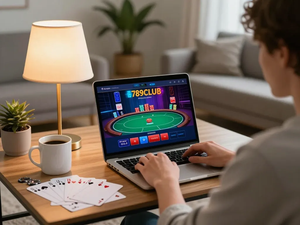 Player enjoying 789 online poker in a cozy home setup while managing bankroll effectively.