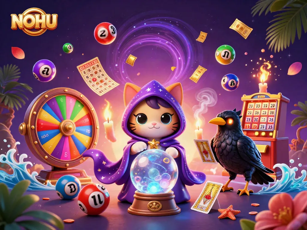 Engage with the NOHU platform as vibrant lottery balls and mystics animate a captivating casino scene.