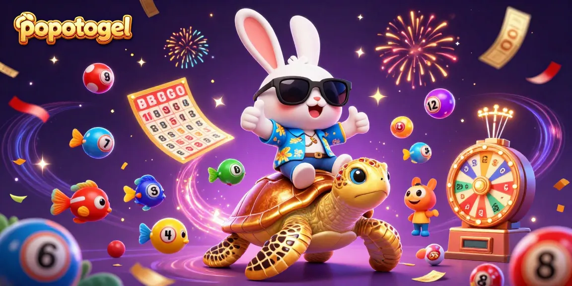 Celebrate winnings with popotogel's vibrant fantasy scene featuring a lucky rabbit and a sea turtle.