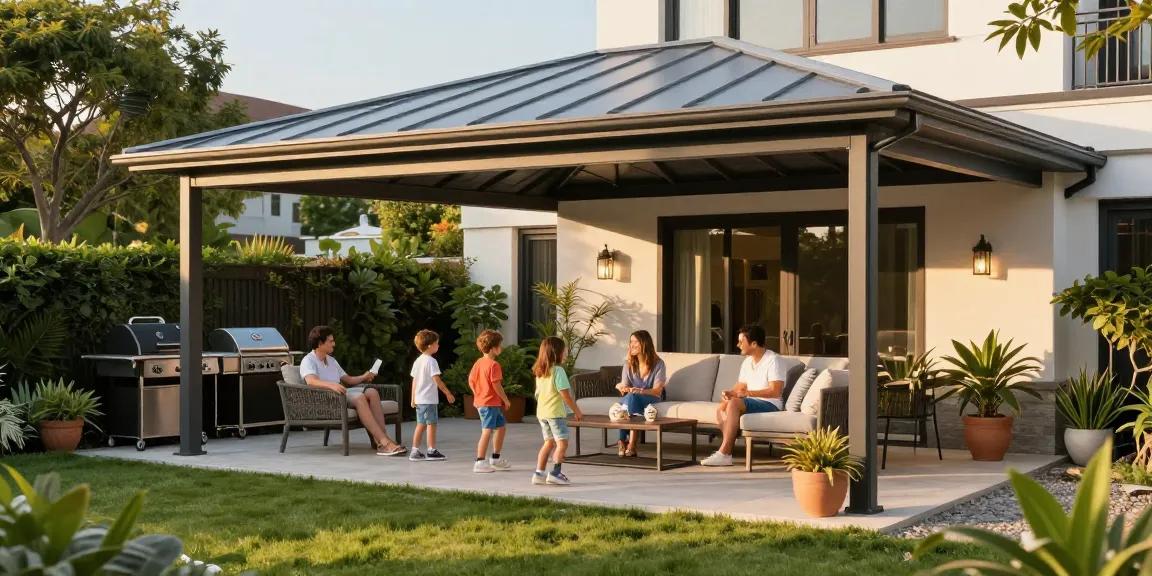 Moderne Terrassenüberdachung für entspannte Familienzeit im Garten