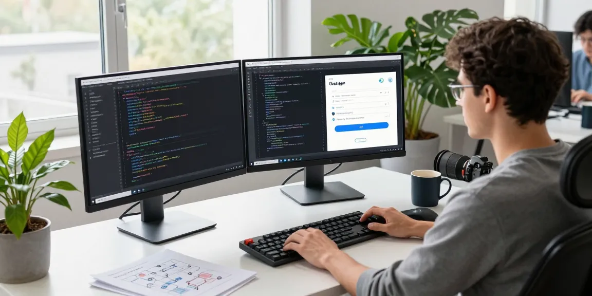 Engaging tech workspace showing a developer using the Telegram app, with coding monitors and a modern desk setup, highlighting 纸飞机中文版 functionalities.