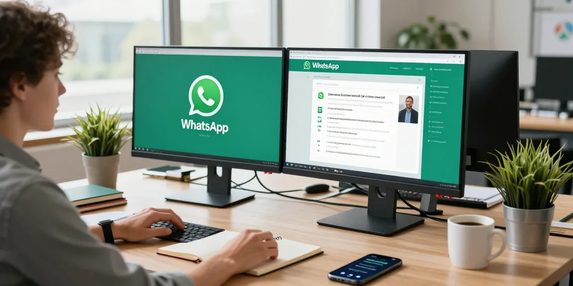 Engaging workspace showcasing WhatsApp網頁版 on a desktop, with dual monitors and a smartphone for seamless communication.