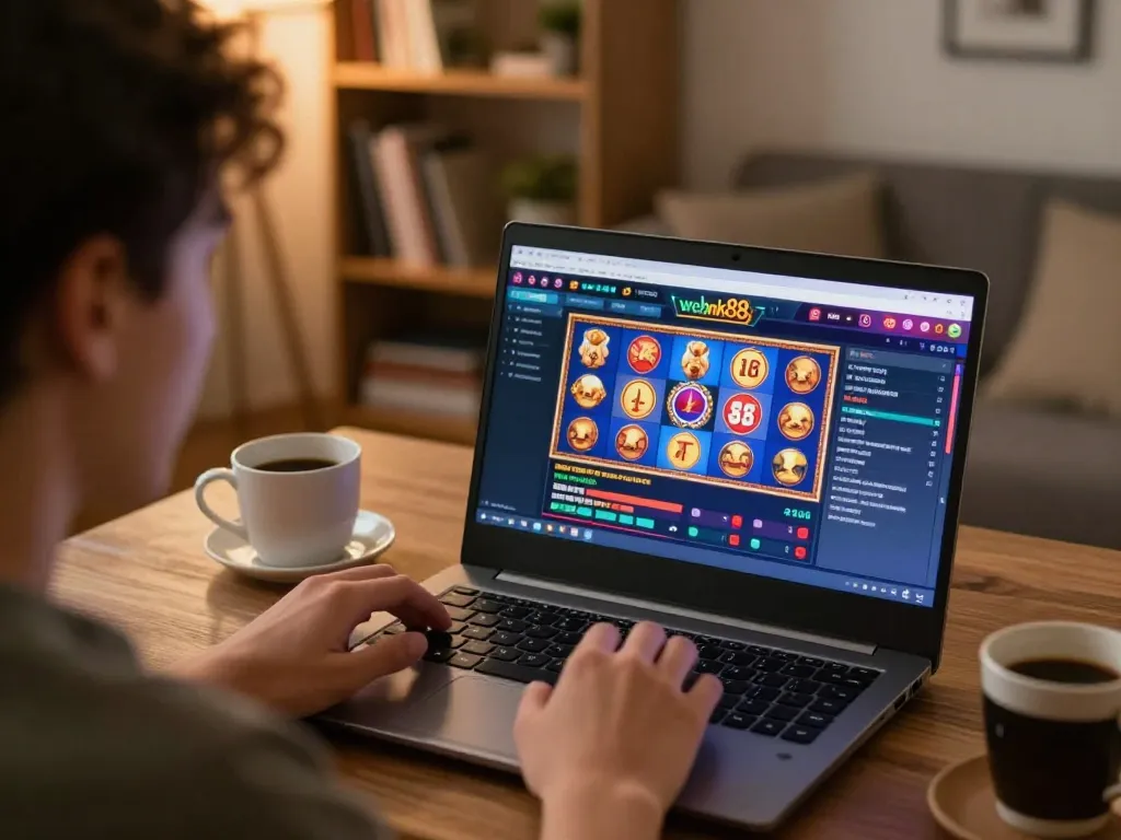 Person enjoying online slots at webnk88, showcasing an engaging gaming interface in cozy home setting.