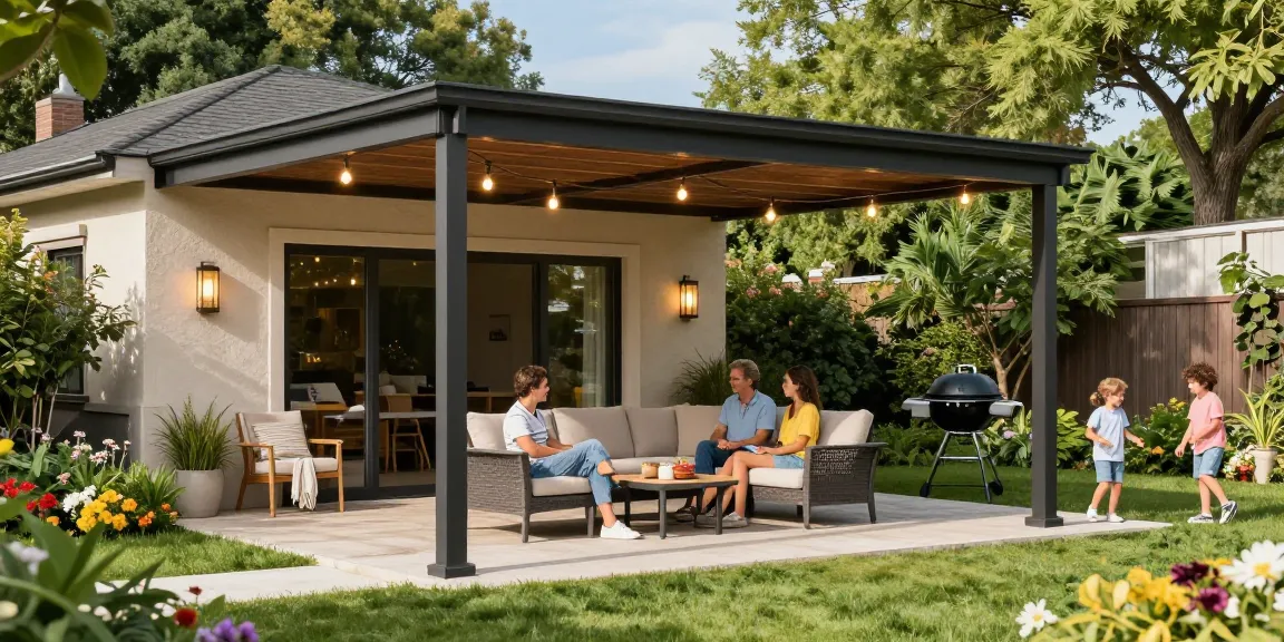 Freistehende Terrassenüberdachung in einem schönen Garten mit Familie und gemütlichen Möbeln.