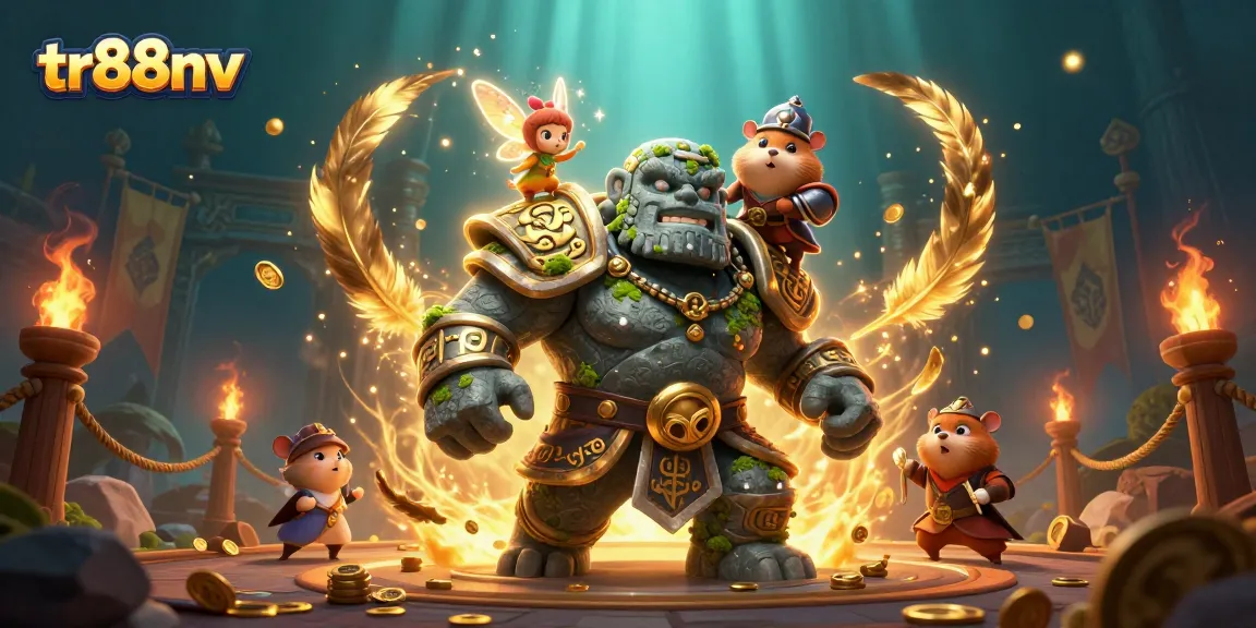tr88nv showcases an adventure scene with a stone golem, fairy, and hamster knight amidst casino game elements.