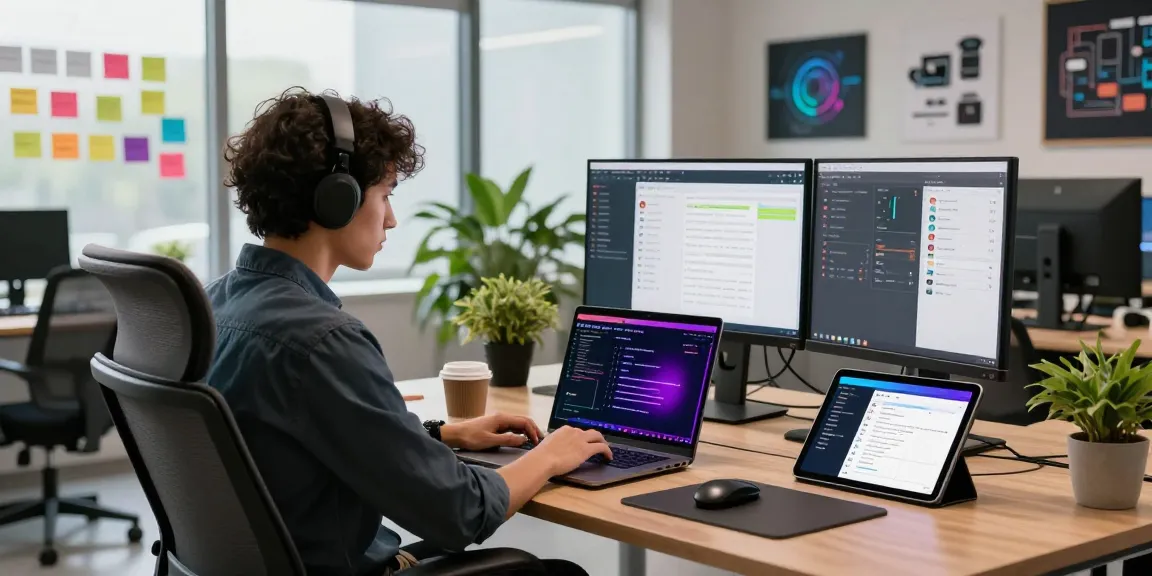 Aplikasi UFO777 pada laptop di ruang kerja modern, menunjukkan proses pengembangan APK ufoapk.id yang efisien dan inovatif.