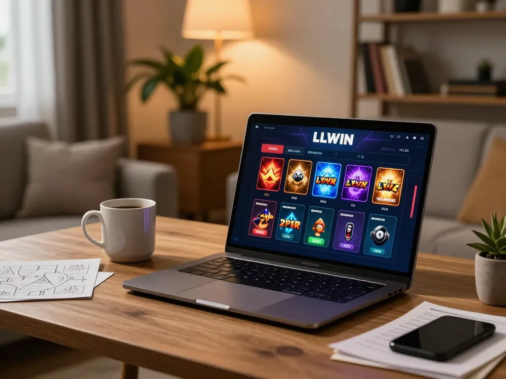 Engaging user immersed in LLWIN online casino gaming with laptop and strategy notes.