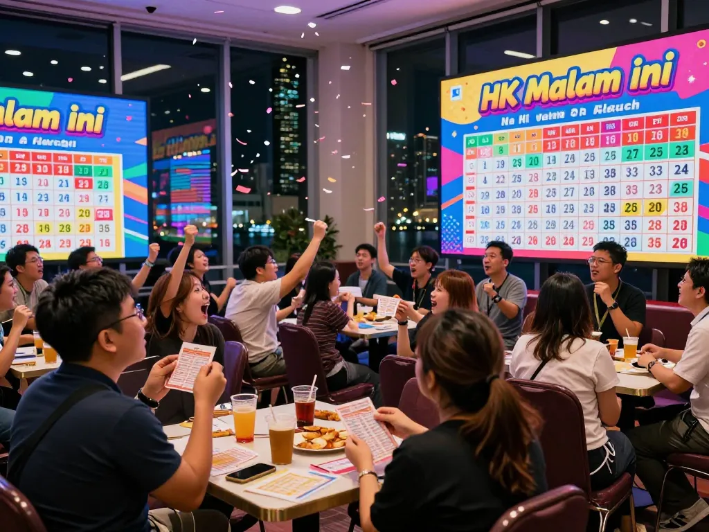 Excited audience watching the HK Malam Ini lottery draw live with vibrant digital displays.