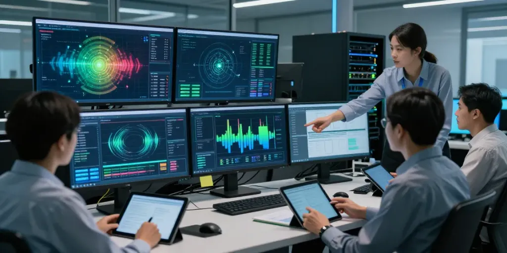 Cybersecurity experts using network threat detection tools in a modern control room.