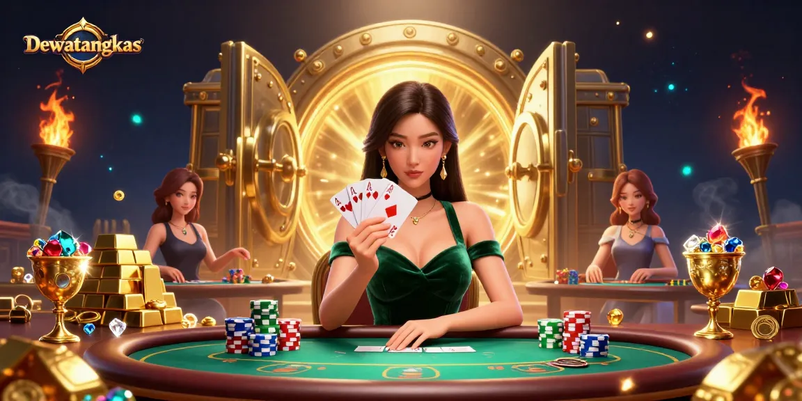 Dewatangkas showcases a stunning Asian woman at a luxurious poker table, exuding elegance and strategy.
