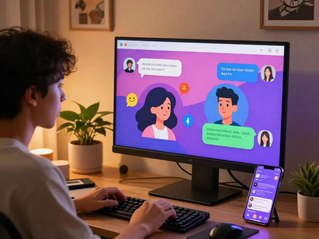 A cozy user-friendly workspace showcasing a vibrant chat interface with porn chat AI, featuring a user engaged in lively digital conversation.