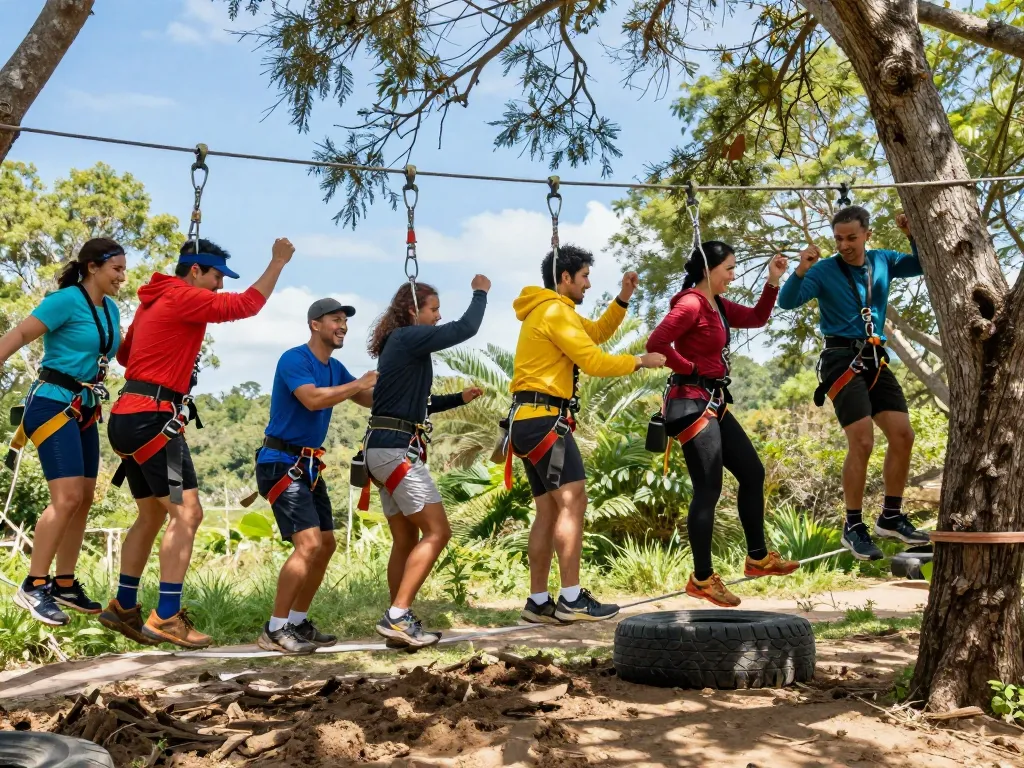 Team Building jogja participants enjoy an exciting obstacle course in nature.