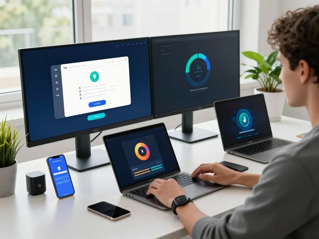 快连 VPN 连接界面在现代工作空间的多屏幕上显示，突出显示安全、高速互联网。