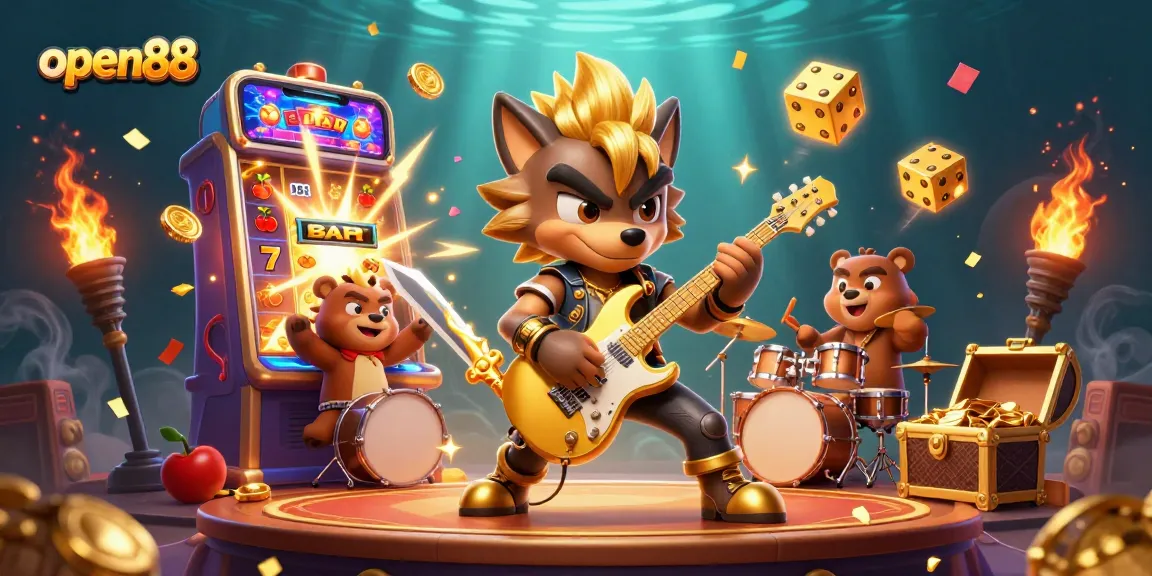 Experience thrilling casino excitement with open88 as a rock star wolf and bear drummer explode in a jackpot celebration.