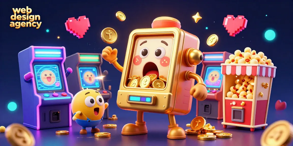 Engaging illustration showcasing a dynamic web design agency scene with animated slot machines celebrating a jackpot.