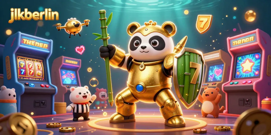 Engaging scene featuring jlkberlin with a golden panda and dynamic slot themes in a vibrant casino arena.