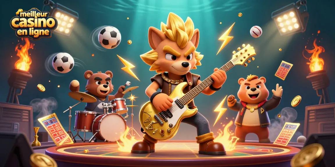 Illustration colorée d'un meilleur casino en ligne avec un loup rock star et des éléments de pari
