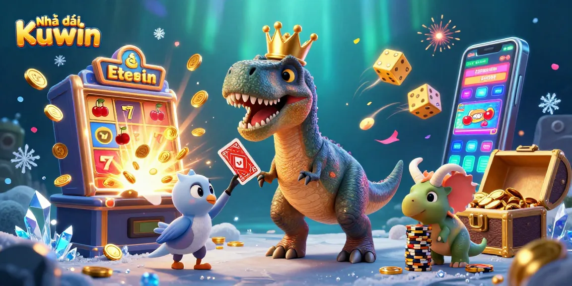Engaging scene with Nhà cái Kuwin as T-Rex attempts to shuffle cards while a triceratops stacks chips.