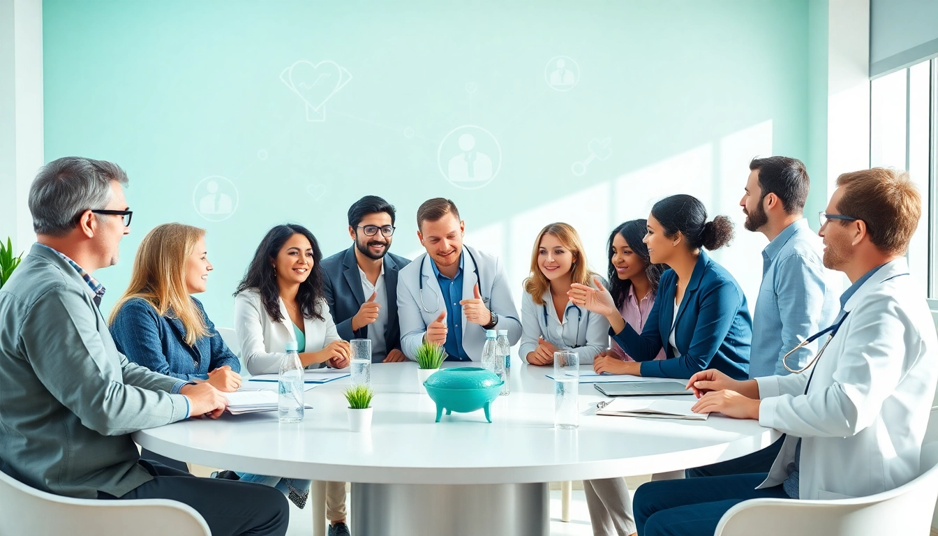 Start a healthcare club with a diverse group engaged in a collaborative discussion in a modern setting.