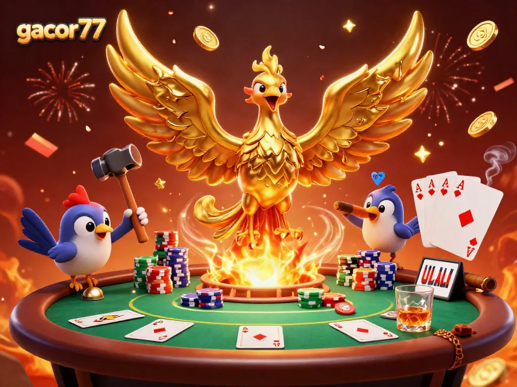 Gacor77 menghadirkan ilustrasi 3D kartun dengan phoenix emas, simbol keberuntungan dalam permainan kasino.