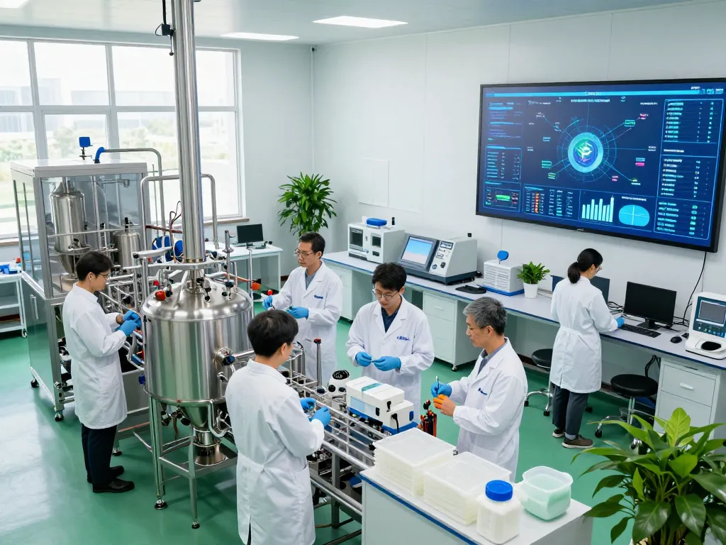 Team collaborating on Bluepha bioplastics in a modern manufacturing lab, showcasing innovation and sustainability.