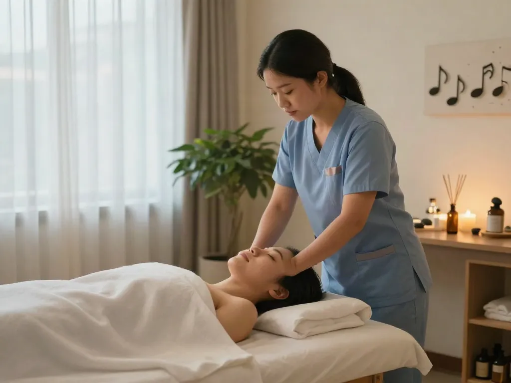 방이동출장마사지 session in a tranquil wellness space with massage oils and calming light.