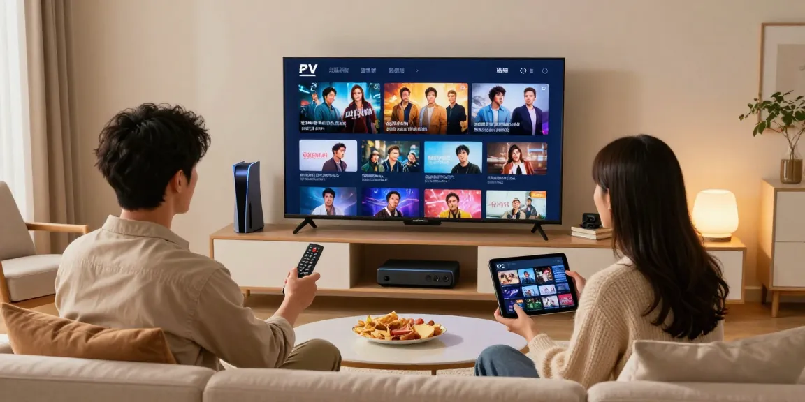 Couple utilisant iron tv pour regarder des films et séries dans un salon confortable.