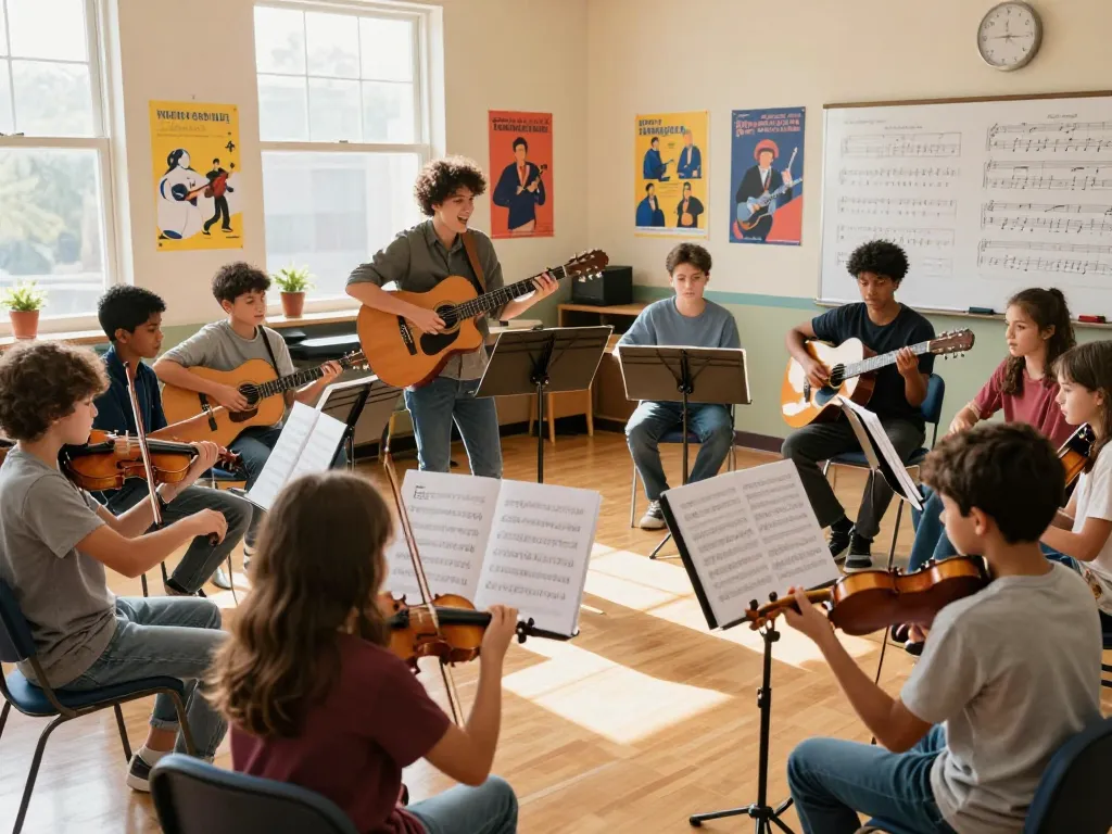 多様な学生がレッスンに参加している音楽教室のシーンを示す音楽教室おすすめ