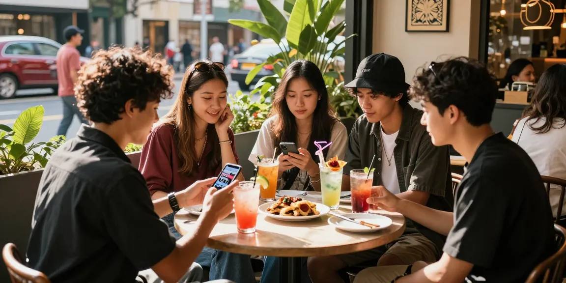 Friends enjoying rokok88 lifestyle products at trendy café gathering. Urban vibe with streetwear and gourmet snacks.