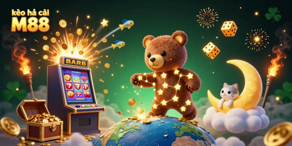 Kèo nhà cái M88 với gấu sao 3D và máy slot tràn đầy vàng, trải nghiệm cá cược tuyệt vời.