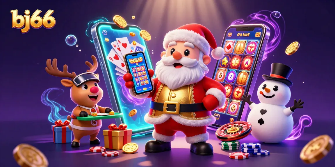 Engage with bj66 at the festive online casino, showcasing Santa and friends amidst rich gaming elements.