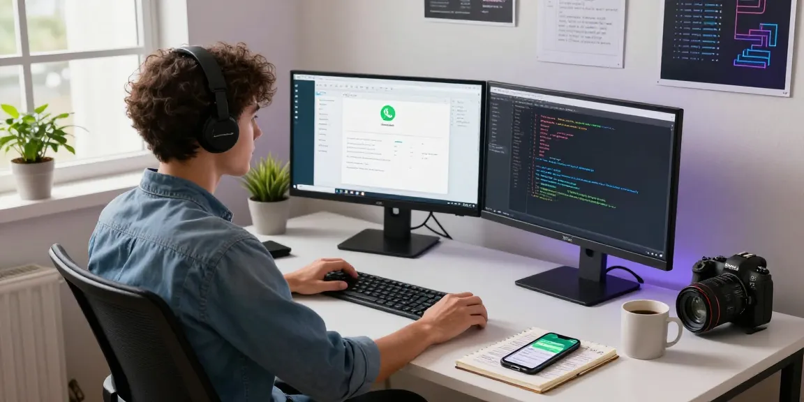 Developer using WhatsApp網頁版 on dual monitors in a vibrant tech workspace.