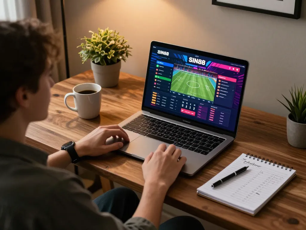 Player engaging with SIN88's online sports betting platform, capturing the thrill of gambling from home