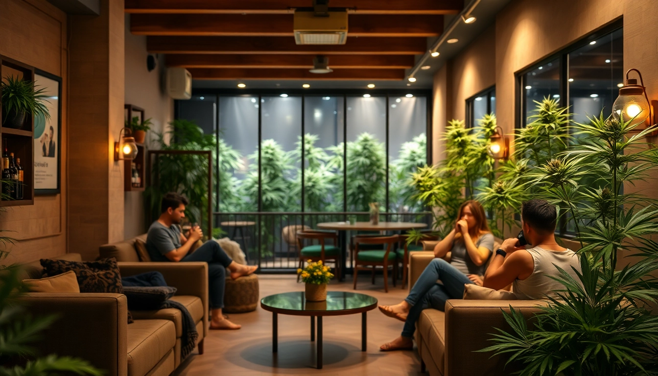 Experience the vibrant atmosphere of a Cannabis Social Club Lloret de Mar with welcoming patrons and greenery.
