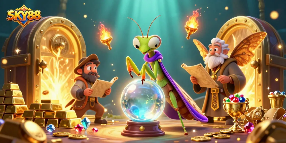Engage with thrilling SKY88 casino games featuring a mystical scene with treasure, fortune tellers, and oracles.