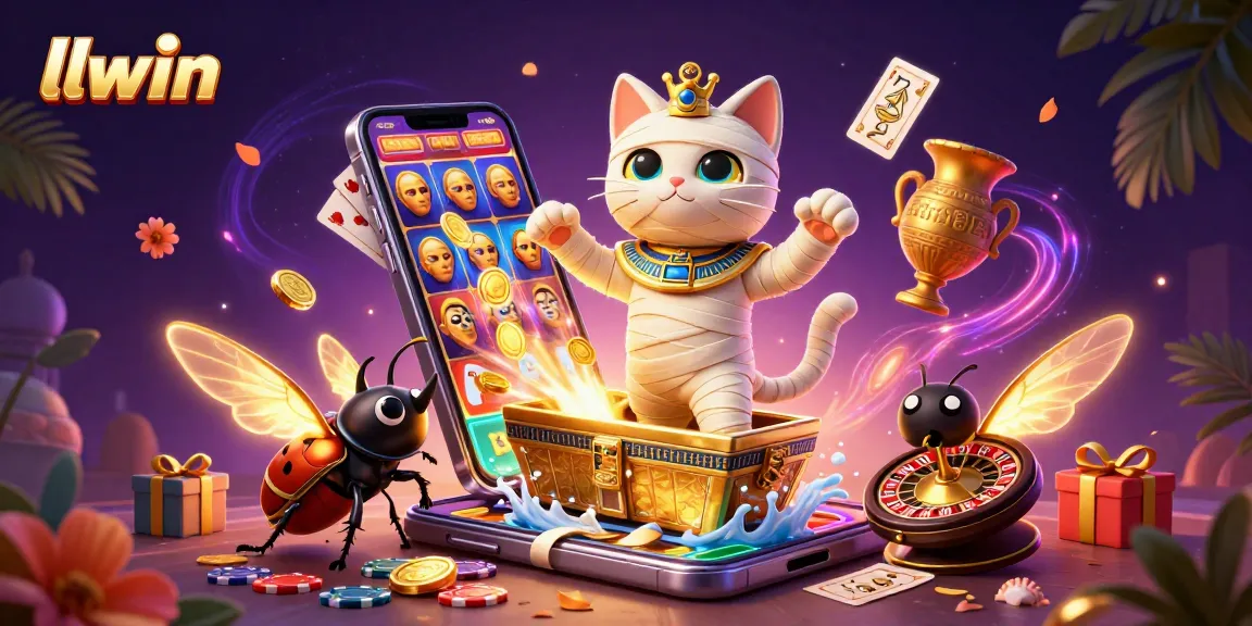 Play interactive slots at llwin with a dynamic scene featuring casino elements, mummy cat, and golden scarab.