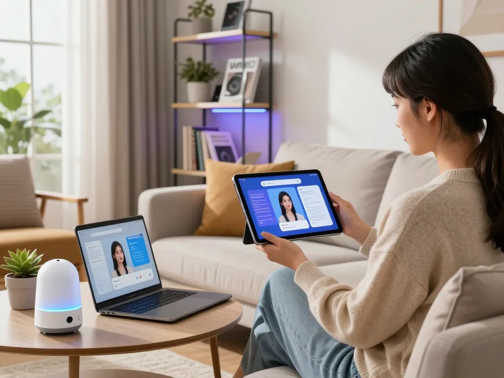 AI girlfriend app user engaged in chat on tablet in modern living room