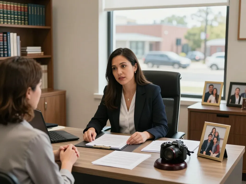 Columbia divorce lawyer consulting with a client about family law, showcasing personalized support in a warm office.