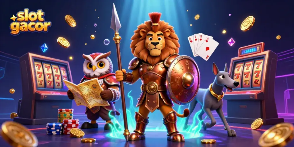 Spin the slot gacor reels alongside a heroic scene filled with treasures and vibrant gaming elements.