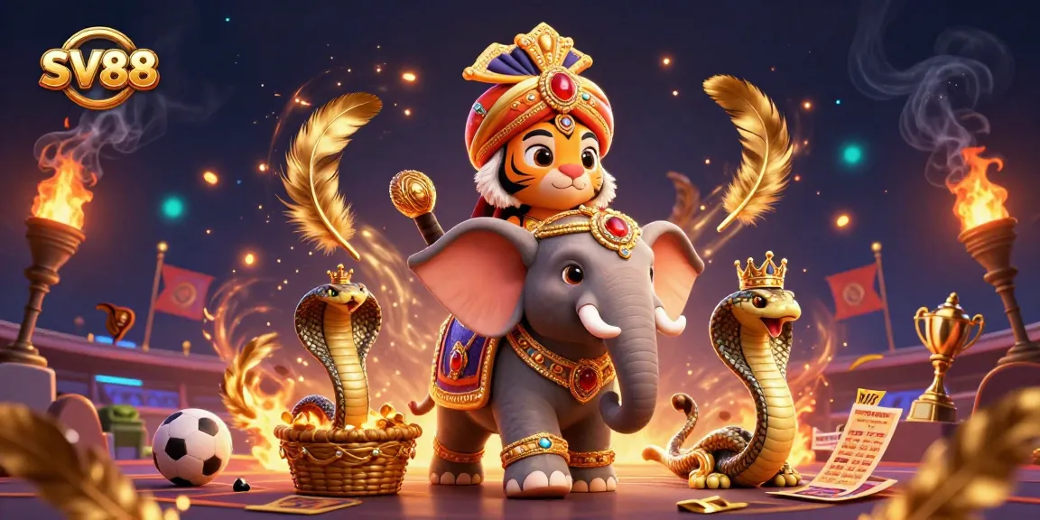 SV88 bets unfold in a vibrant sports betting scene with a majestic maharaja tiger and jewel-encrusted elephant.