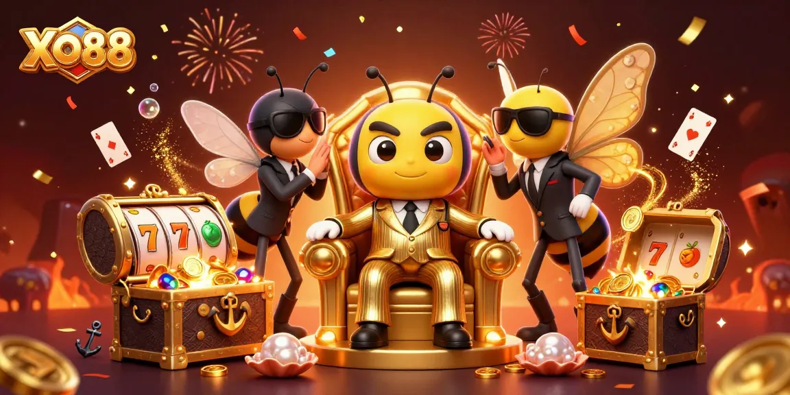 Play the exciting XO88 slots featured in a vibrant 3D casino scene filled with treasures and characters.