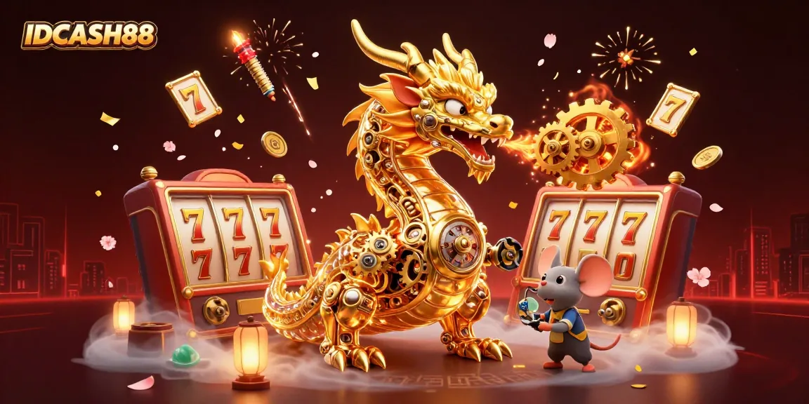 Experience the thrilling gameplay of IDCASH88 with a vibrant 3D depiction of a golden dragon and gaming elements.