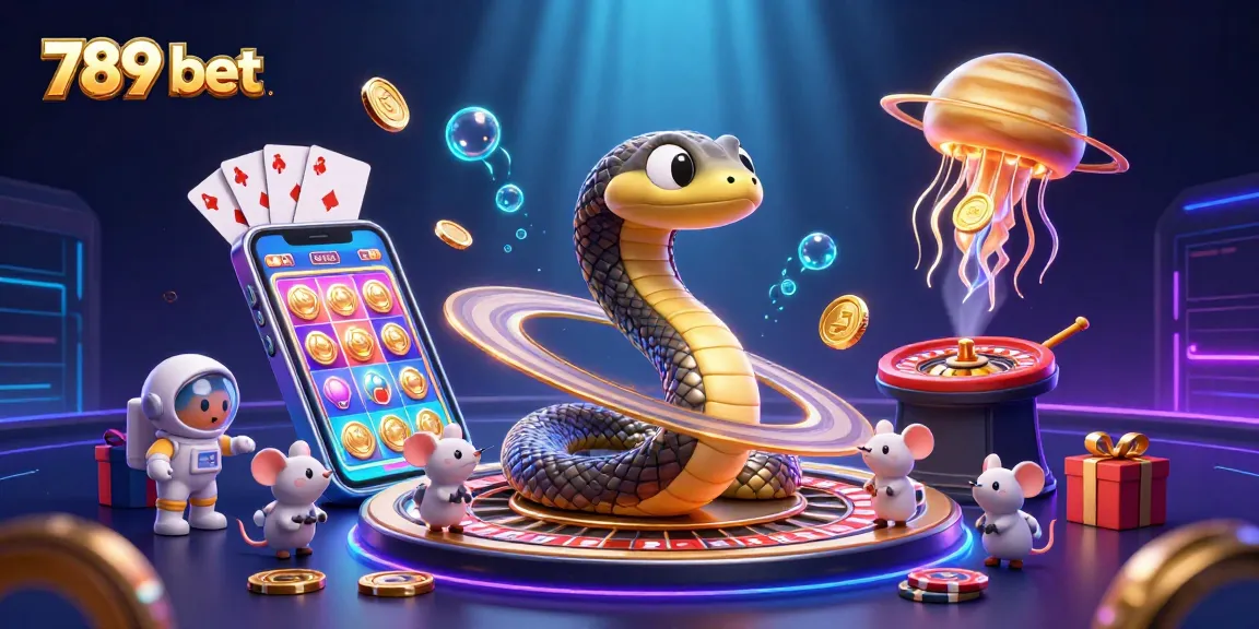 Experience the thrill of 789 bet with cosmic gaming excitement featuring a Saturn snake, cosmic dealer, and vibrant slot games.