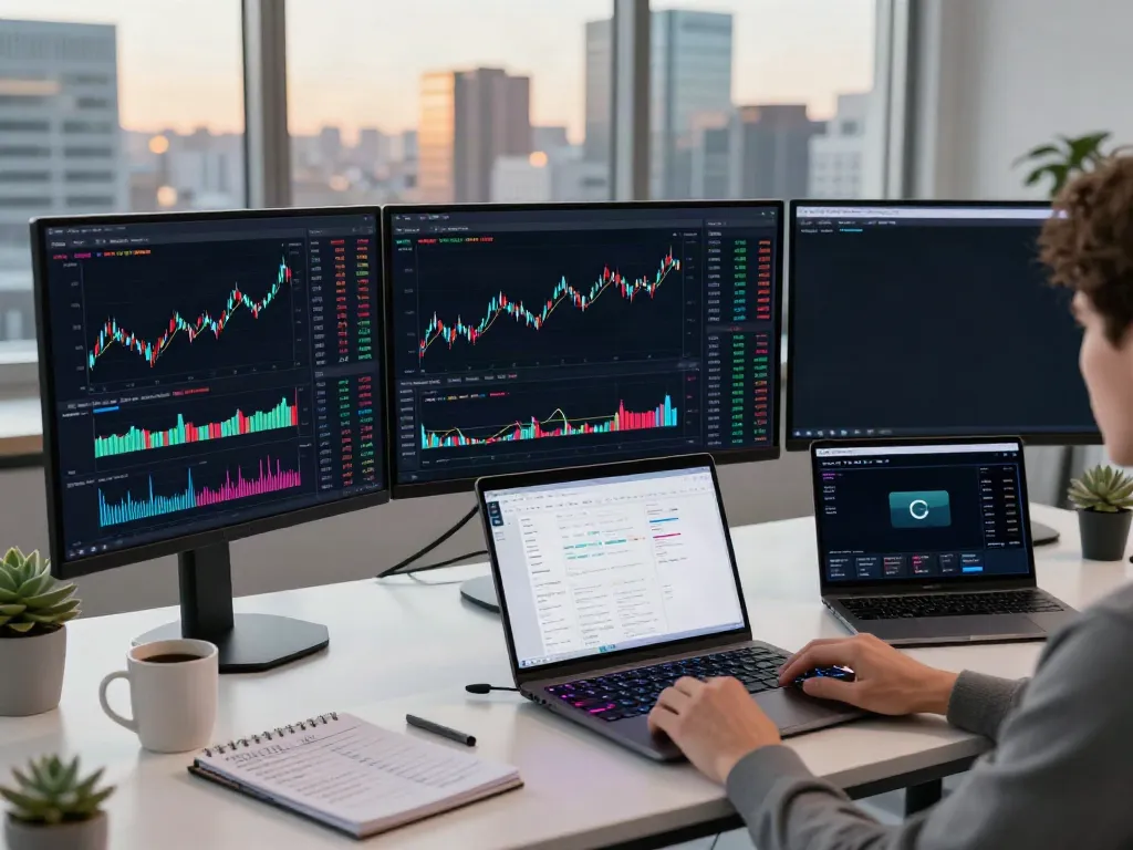 Real-time 株価データ API 無料 trading workspace with modern tech setups, showcasing cryptocurrency charts and financial analysis.