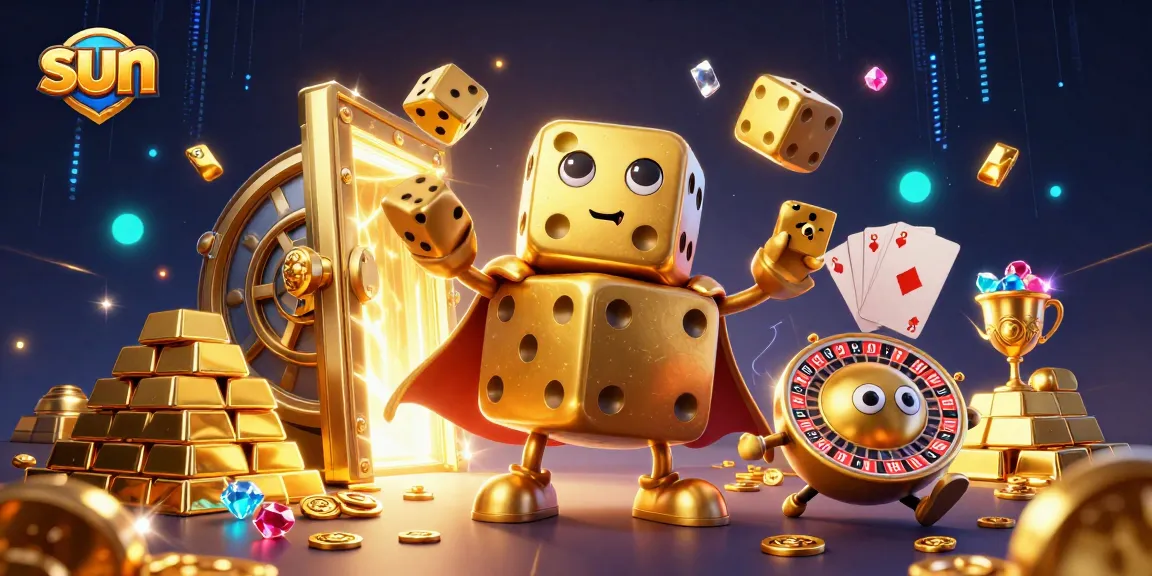 Sun casino illustration showcasing a golden dice golem amidst treasure and vibrant gambling elements.