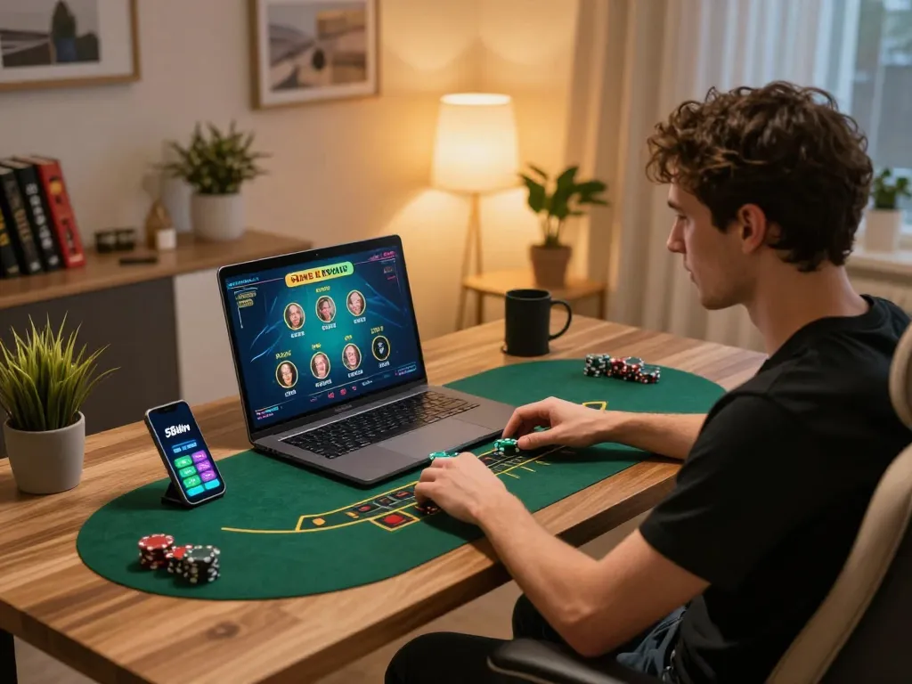 Player engaging in live dealer blackjack on 58win app at home, showcasing strategic online gambling.