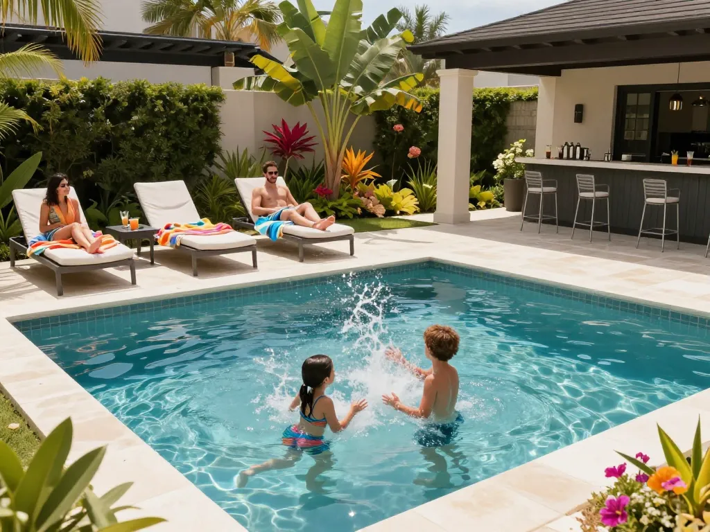 Experience Dolphin Pool Services with a family enjoying a luxurious pool day, showcasing a clean and vibrant backyard oasis.