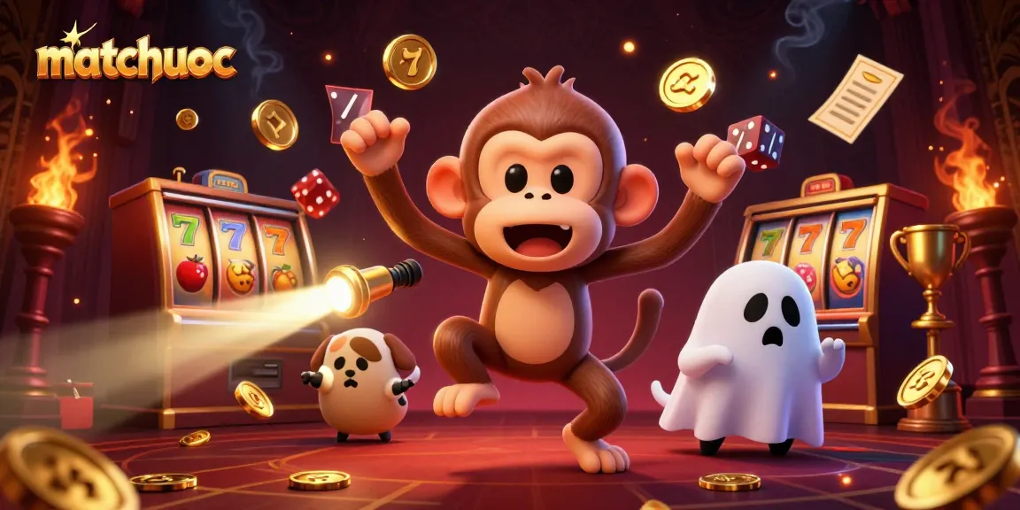 Experience matchuoc's haunted casino with a playful poltergeist monkey juggling golden coins, dynamic slot elements, and thrills for bettors.